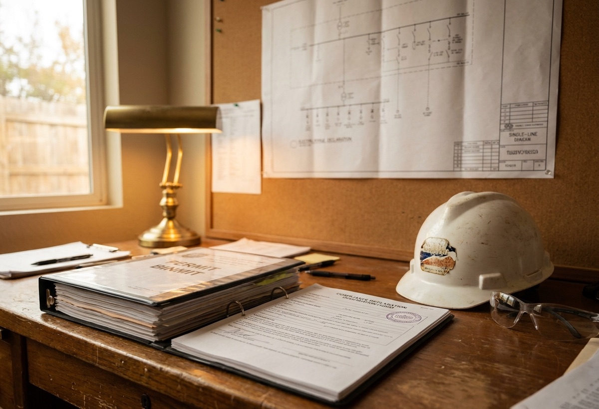 Permit binder, compliance declaration, and single-line diagram on a job site desk